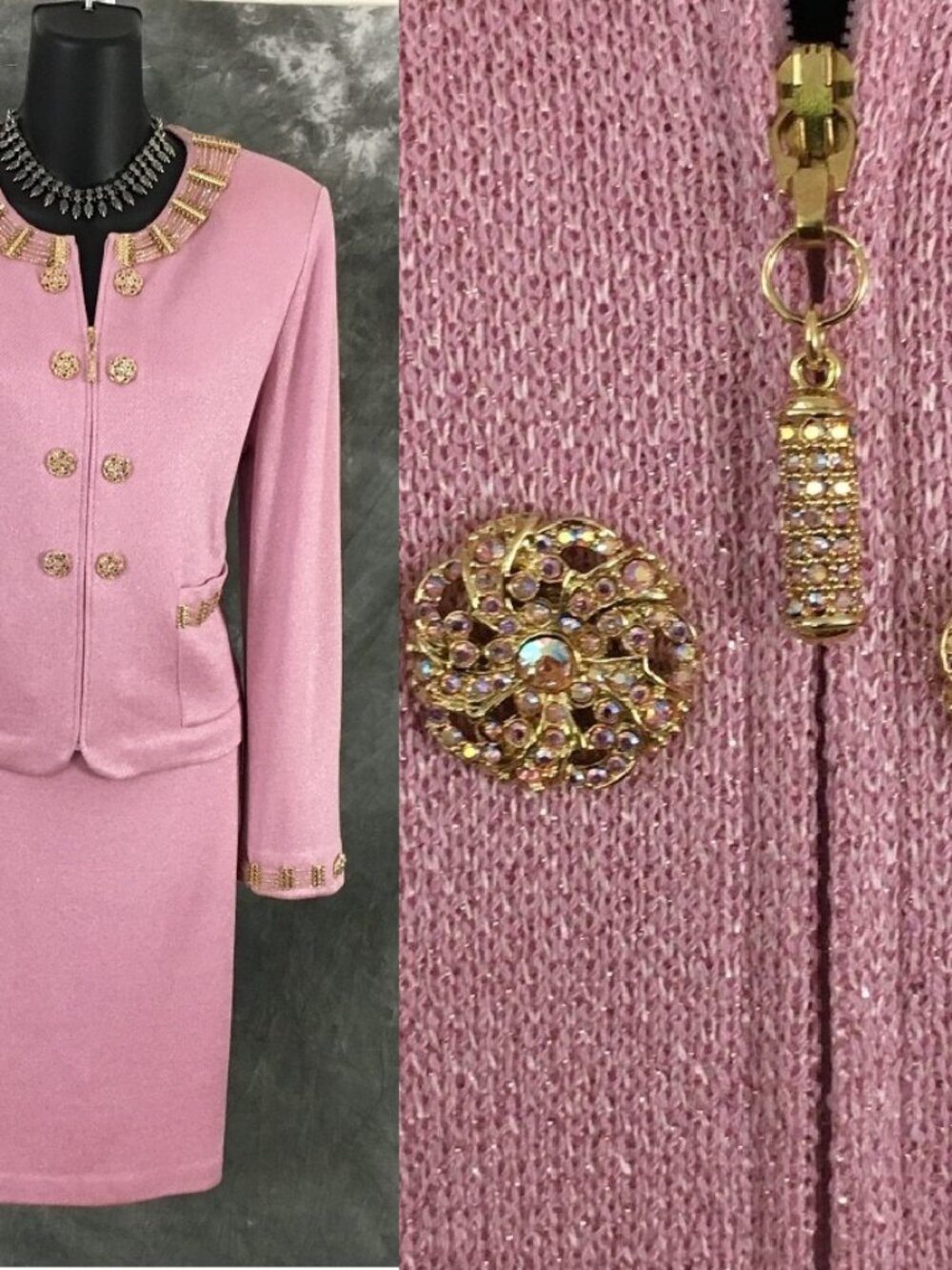 BEAUTIFUL St John evening knit pink rhinestones embellished skirt suit 6 8